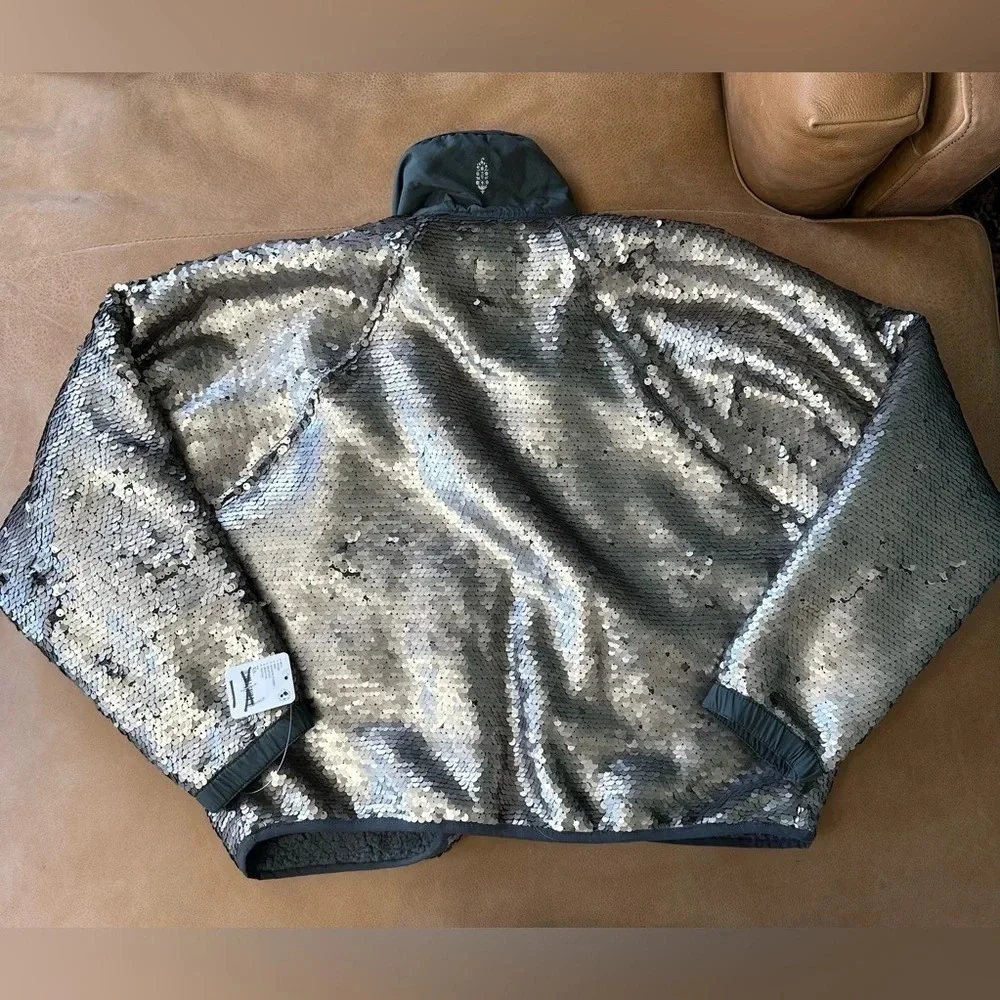 Free People Movement Hit The Slopes Sequin Jacket, Silver, X-Small, MSRP $298 - Picture 10 of 14